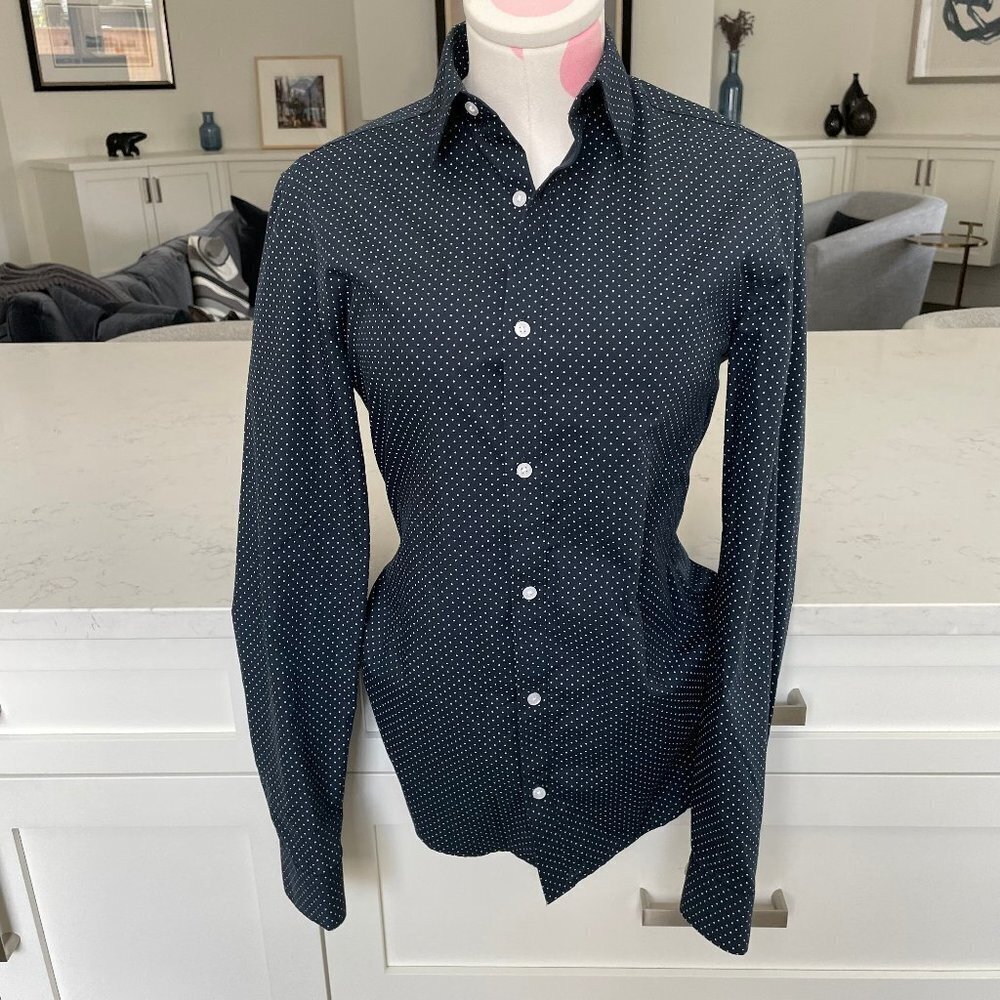 H&M Slim Fit Button Down Lg Slv Polka Dot Shirt Navy Sz XS NWOT see imperfection